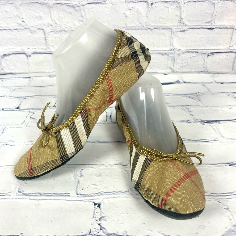Burberry Nova Check Travel Foldable Plaid Gold Tan Beige Black Slippers 7-8 Med